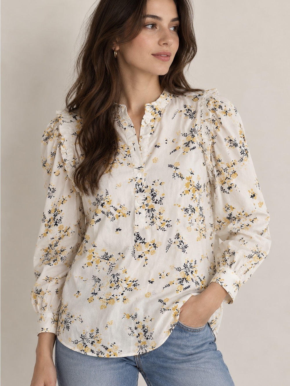 J.Crew Cream Floral Ruffle Shoulder Cotton Popover Button-Front Blouse Size XS